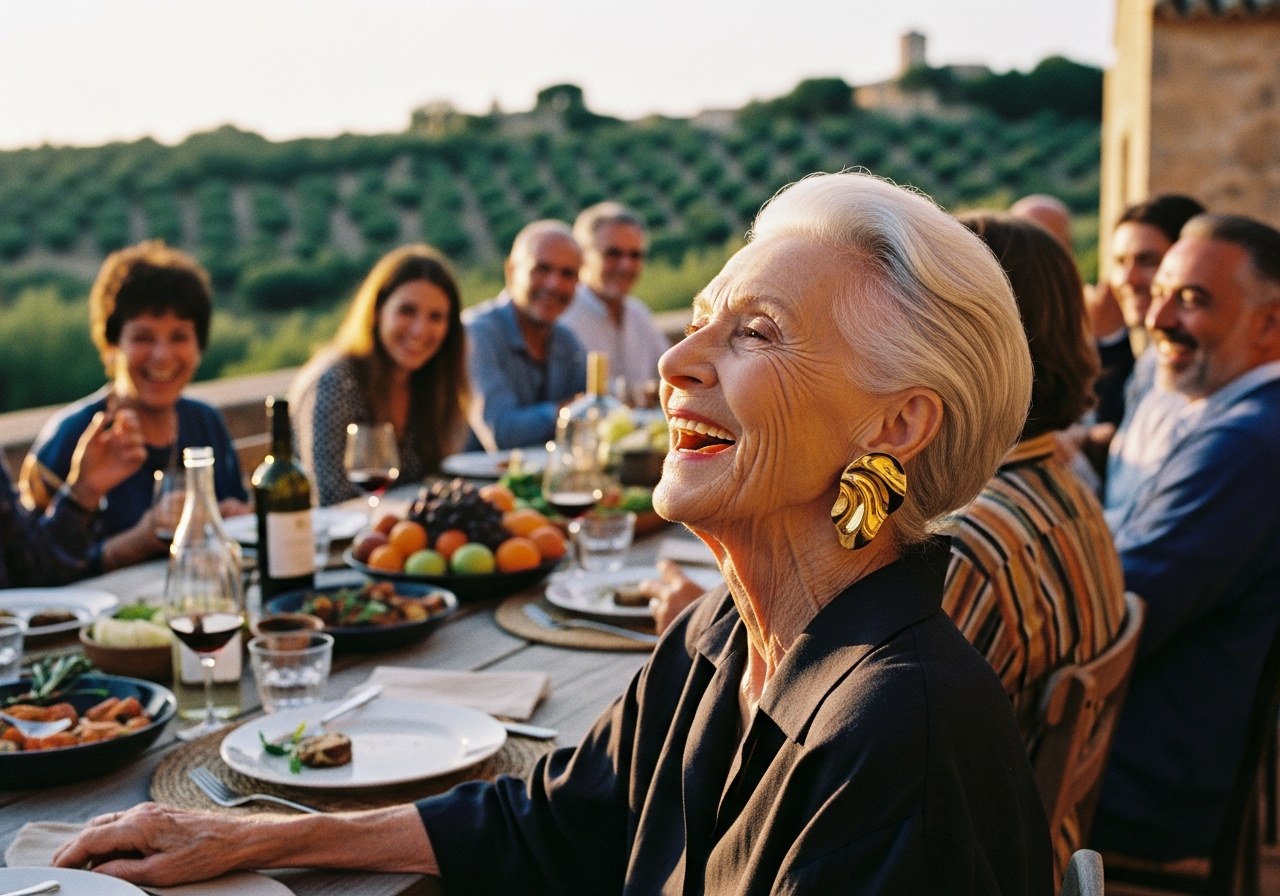 Honderdjarige lacht met jong plezier aan een Mediterrane tafel, omringd door meerdere generaties